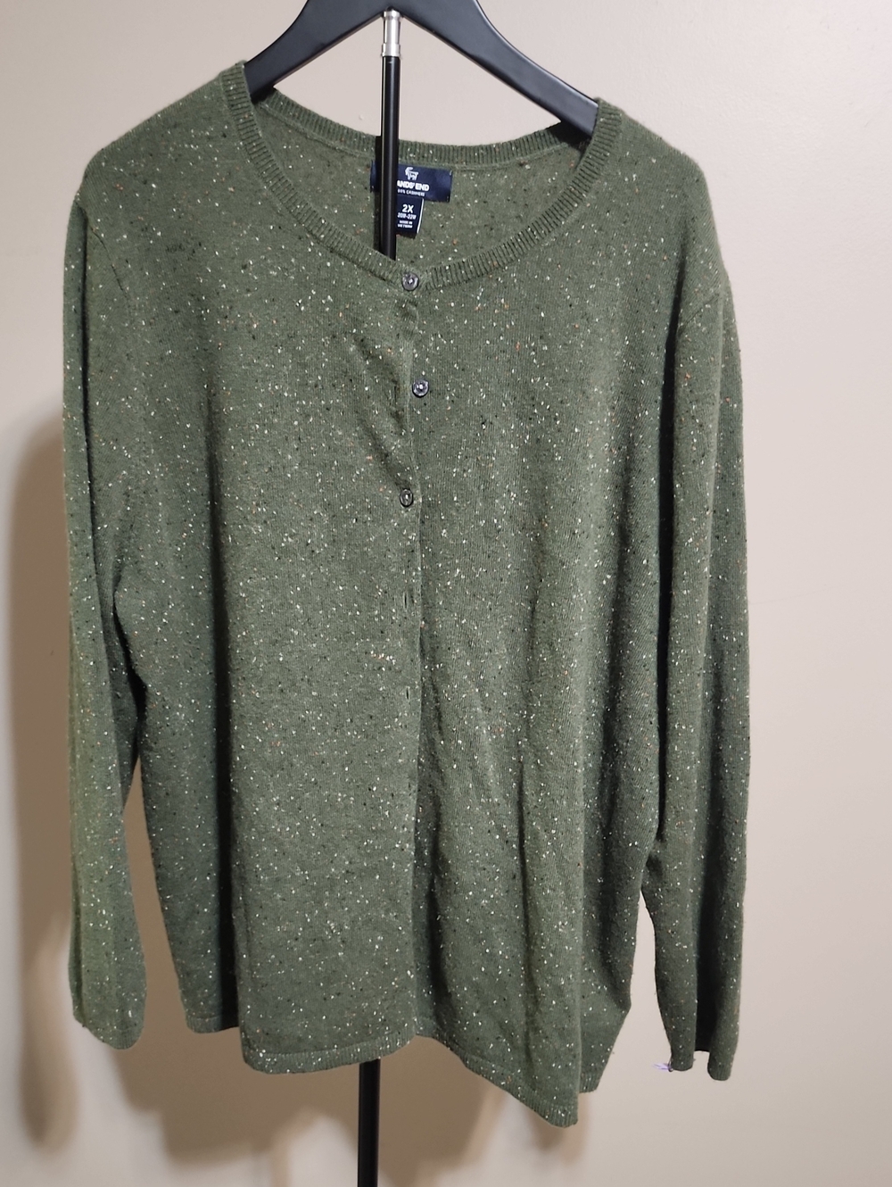 Lands' End Olive Green Flecked Button-Front Cashmere  Cardigan